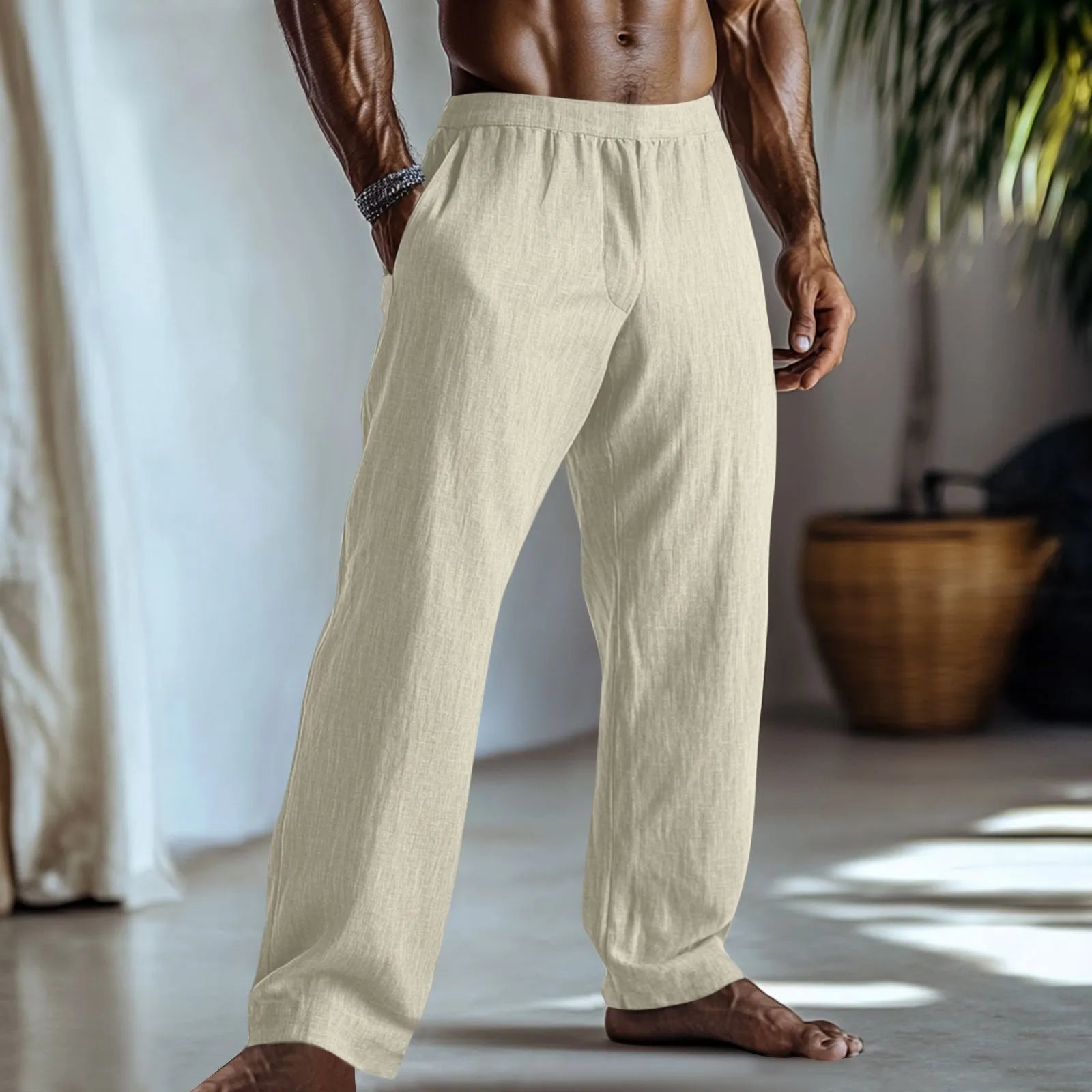 Straight-leg casual trousers in cotton and linen fabric in a solid colour with pockets.
