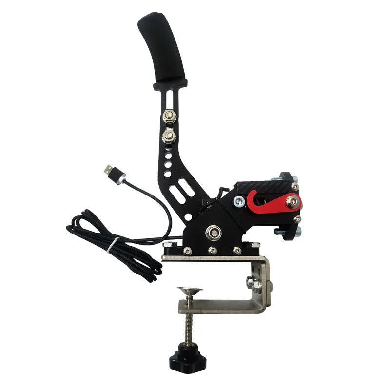 USB linear handbrake for PC racing simulators with aluminium clamp mounted on a wheel base.