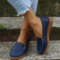 Women's flat loafers in PU leather with car stitch detail and round toe, shown in multiple colours.