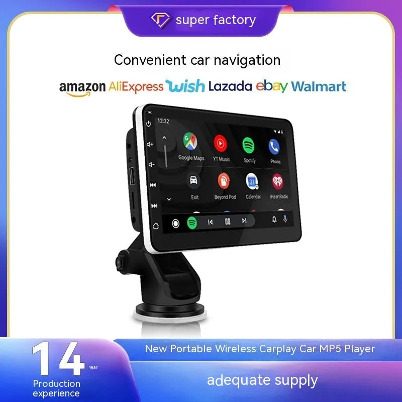 7 inch wireless CarPlay car navigator with suction cup mount on dashboard.