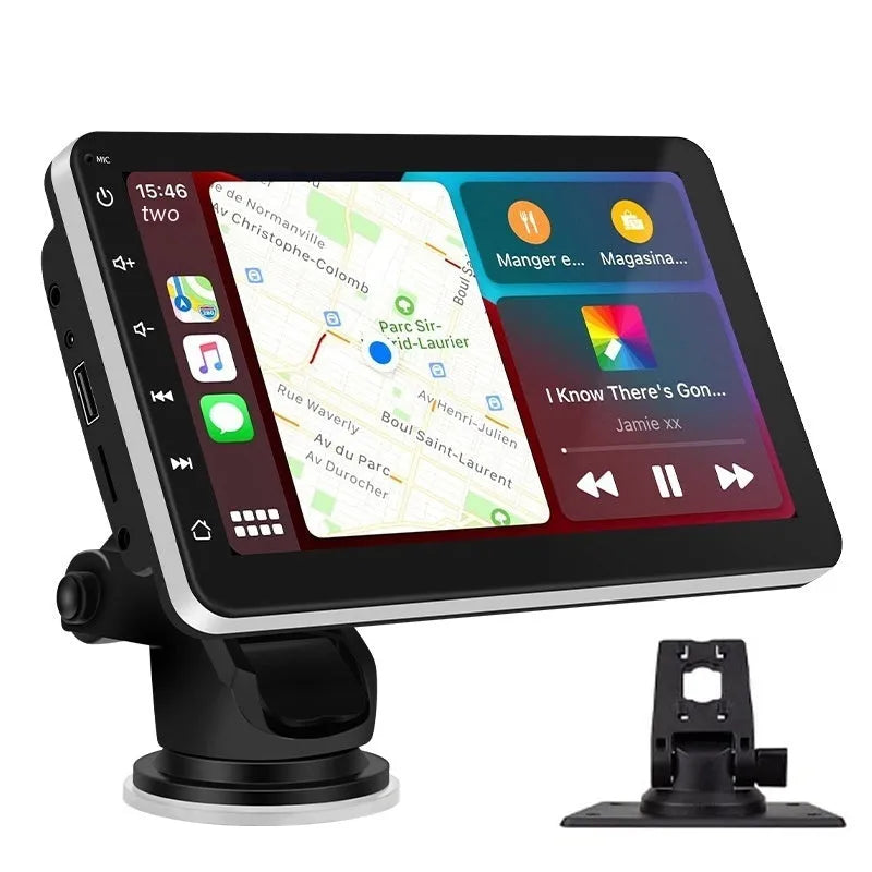 7 inch wireless CarPlay car navigator with suction cup mount on dashboard.
