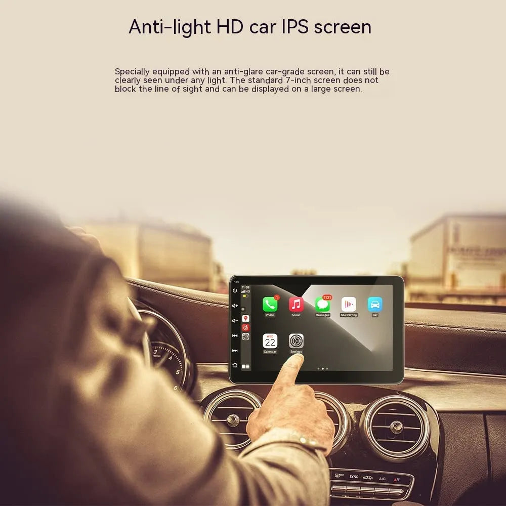 7 inch wireless CarPlay car navigator with suction cup mount on dashboard.