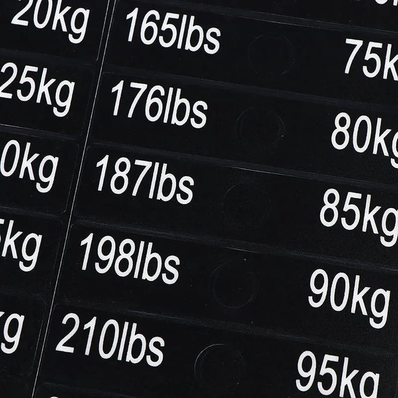 Gym weight sticker label 90x20mm Aspic colour with bolt holes showing 5-100kg scale