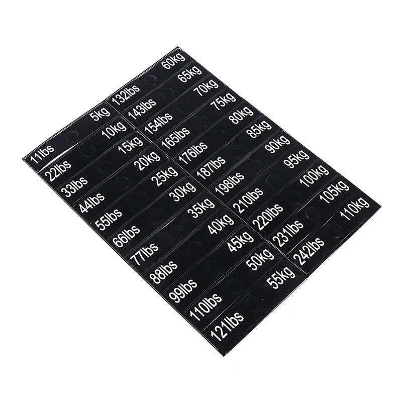 Gym weight sticker label 90x20mm Aspic colour with bolt holes showing 5-100kg scale