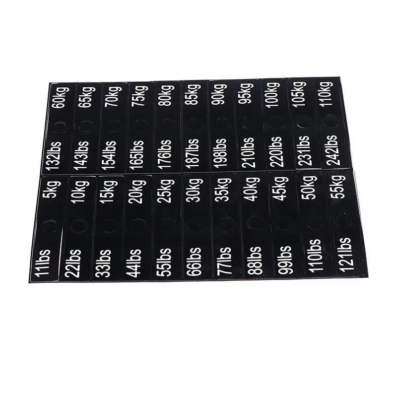 Gym weight sticker label 90x20mm Aspic colour with bolt holes showing 5-100kg scale