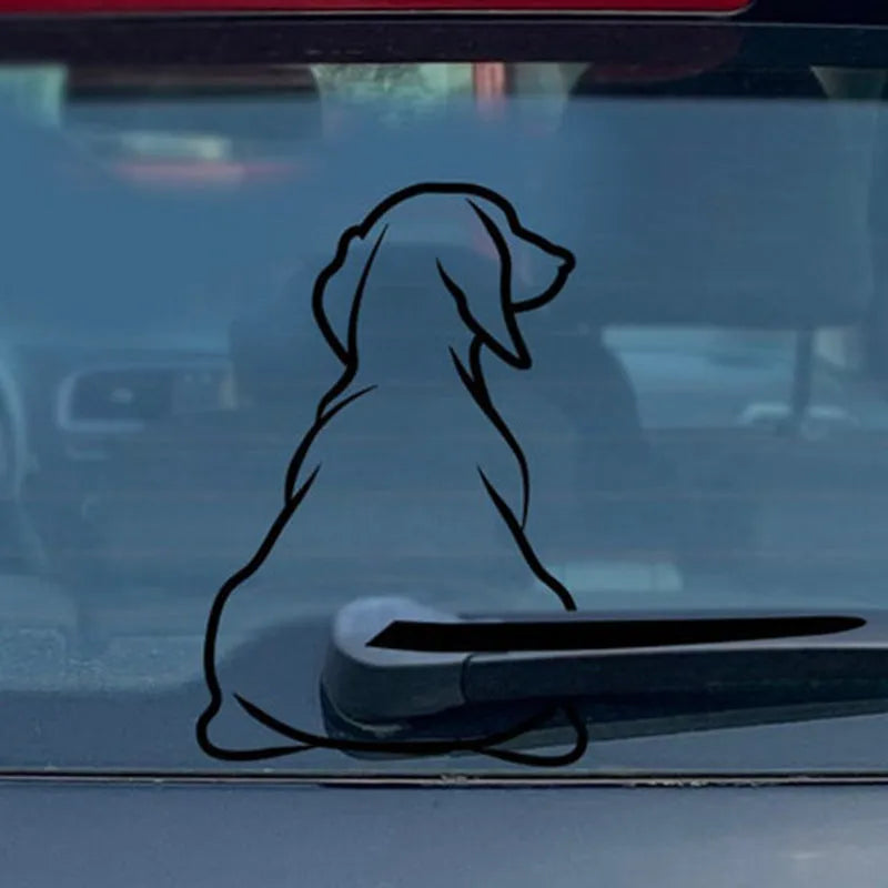 Black and white cartoon dog car rear window sticker with separate tail for wiper motion effect.