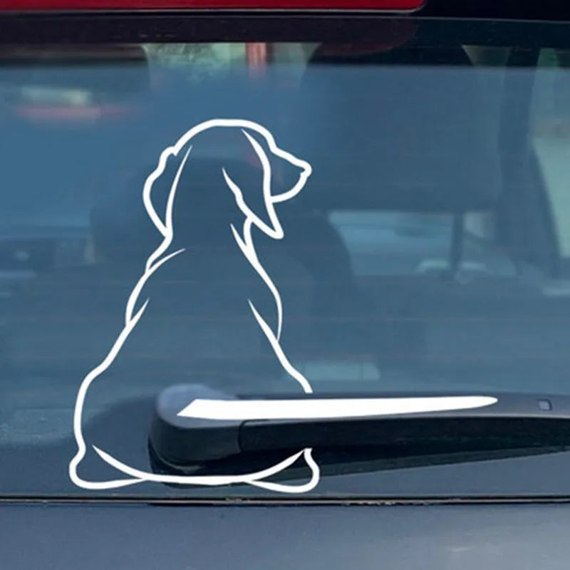 Black and white cartoon dog car rear window sticker with separate tail for wiper motion effect.