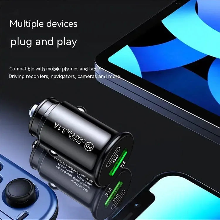 Dual USB port car charger with bare metal housing in black or white finish for 12V vehicle socket charging
