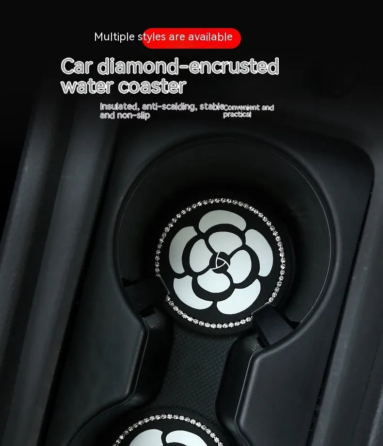 PVC car cup holder mat with non-slip base in black and white checkerboard pattern