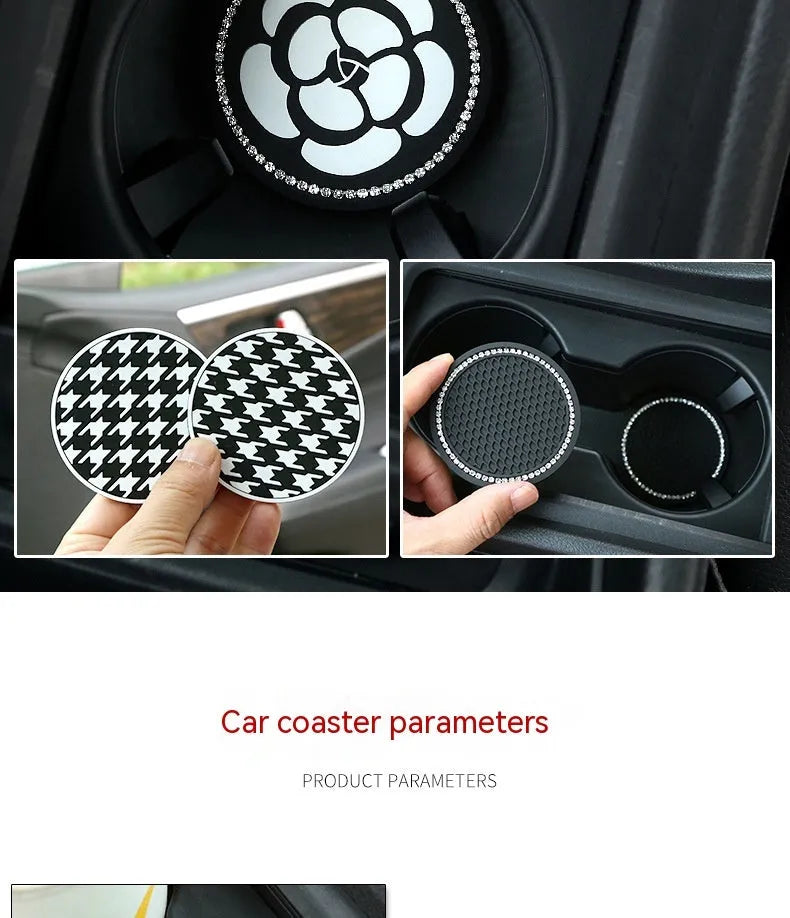 PVC car cup holder mat with non-slip base in black and white checkerboard pattern