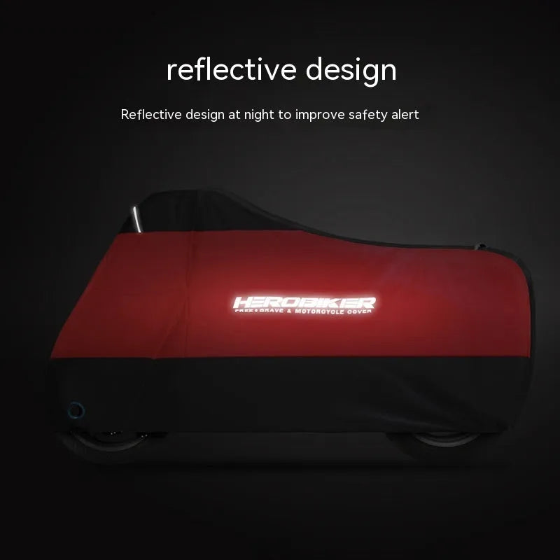 Black motorcycle cover on bike showing polyester material and full coverage protection