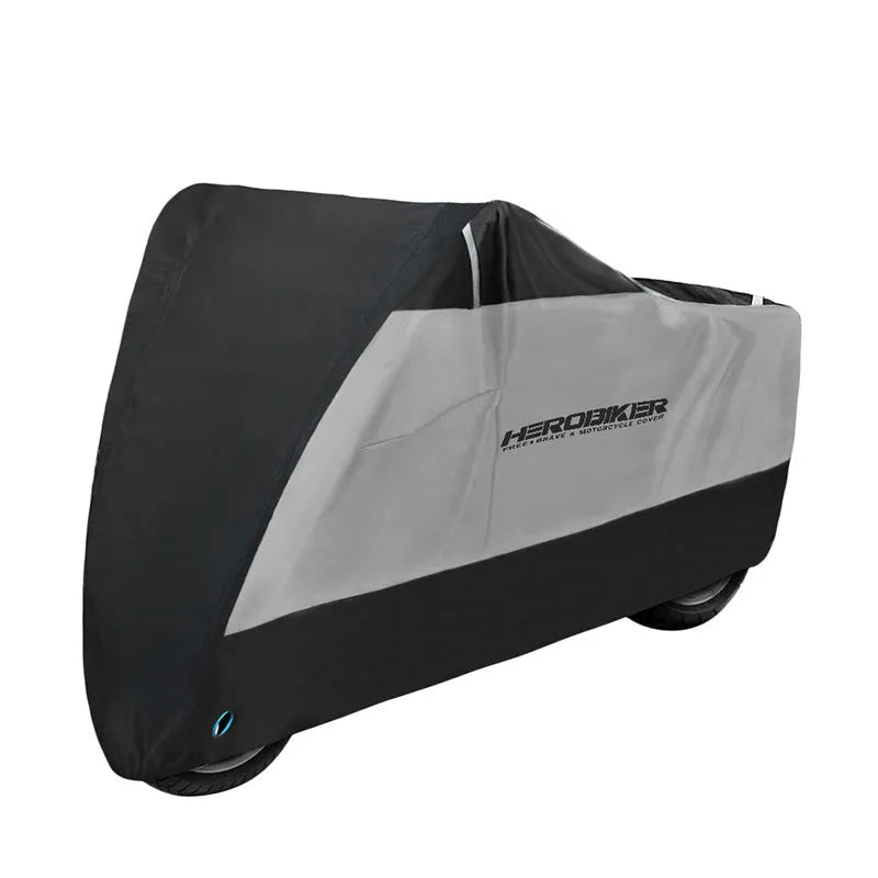 Black motorcycle cover on bike showing polyester material and full coverage protection