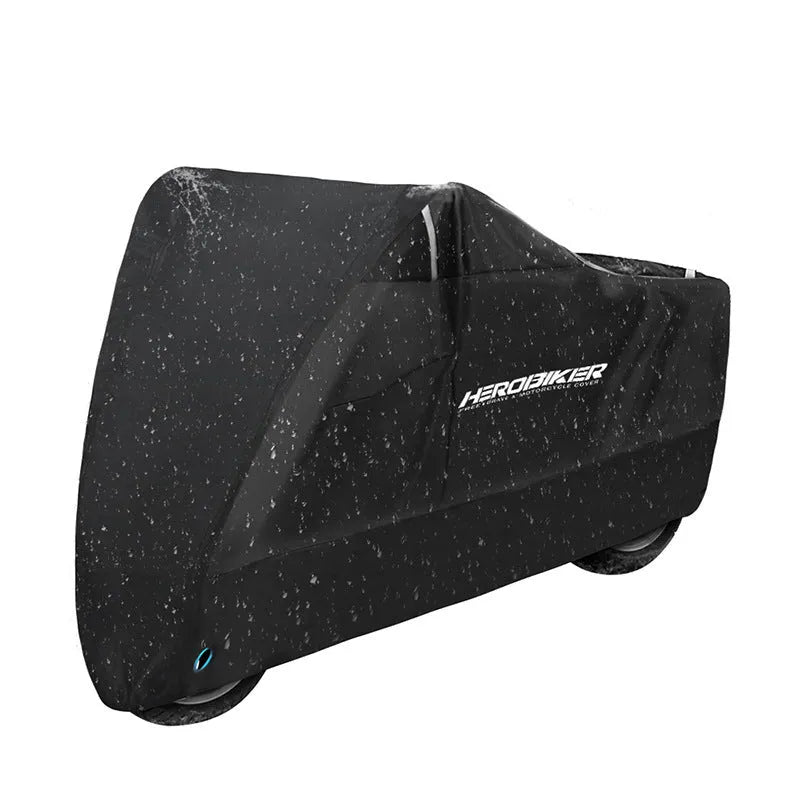 Black motorcycle cover on bike showing polyester material and full coverage protection