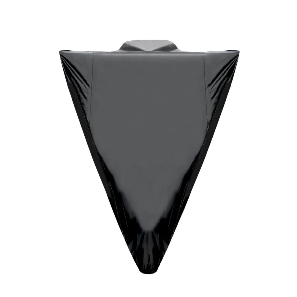 Black motorcycle cover on bike showing polyester material and full coverage protection