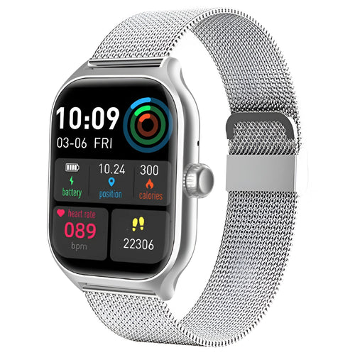 Bluetooth smart watch with black silicone strap displaying heart rate on its touch screen.
