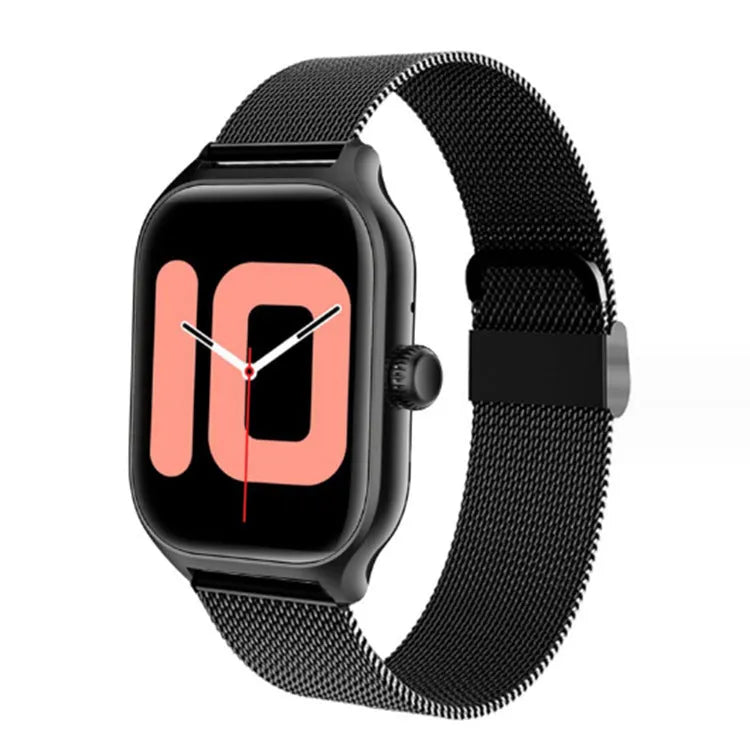 Bluetooth smart watch with black silicone strap displaying heart rate on its touch screen.