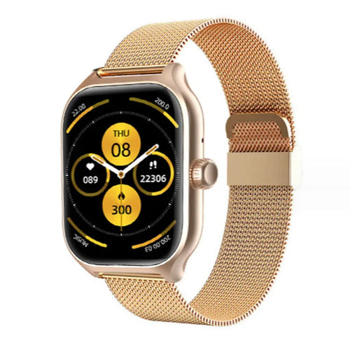 Bluetooth smart watch with black silicone strap displaying heart rate on its touch screen.