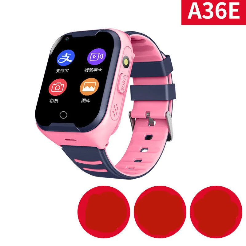 Blue children's smartwatch with a silicone strap showing a video call interface on its 1.44-inch screen.