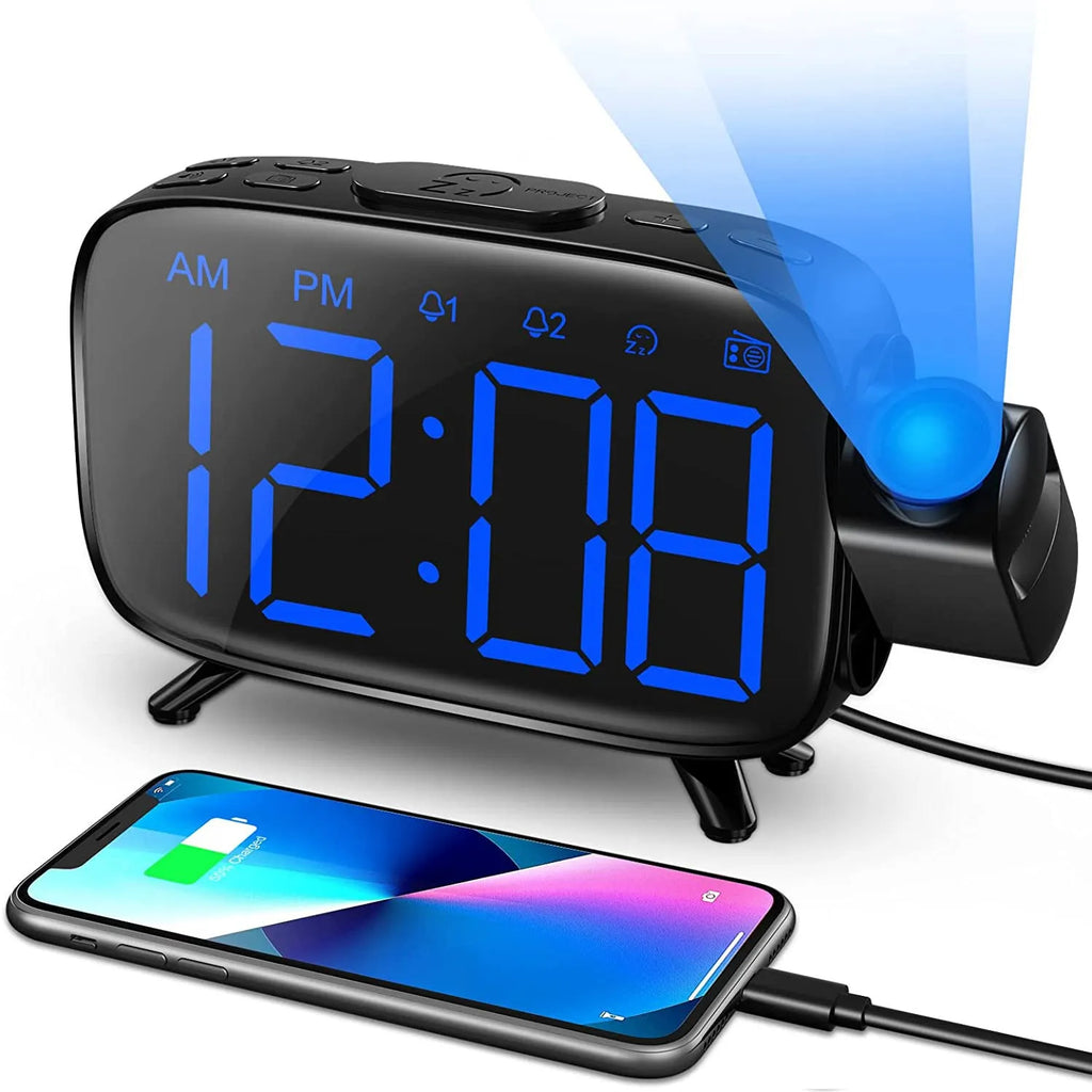 Multifunctional digital projection alarm clock with LED large screen, black, showing time and projection feature