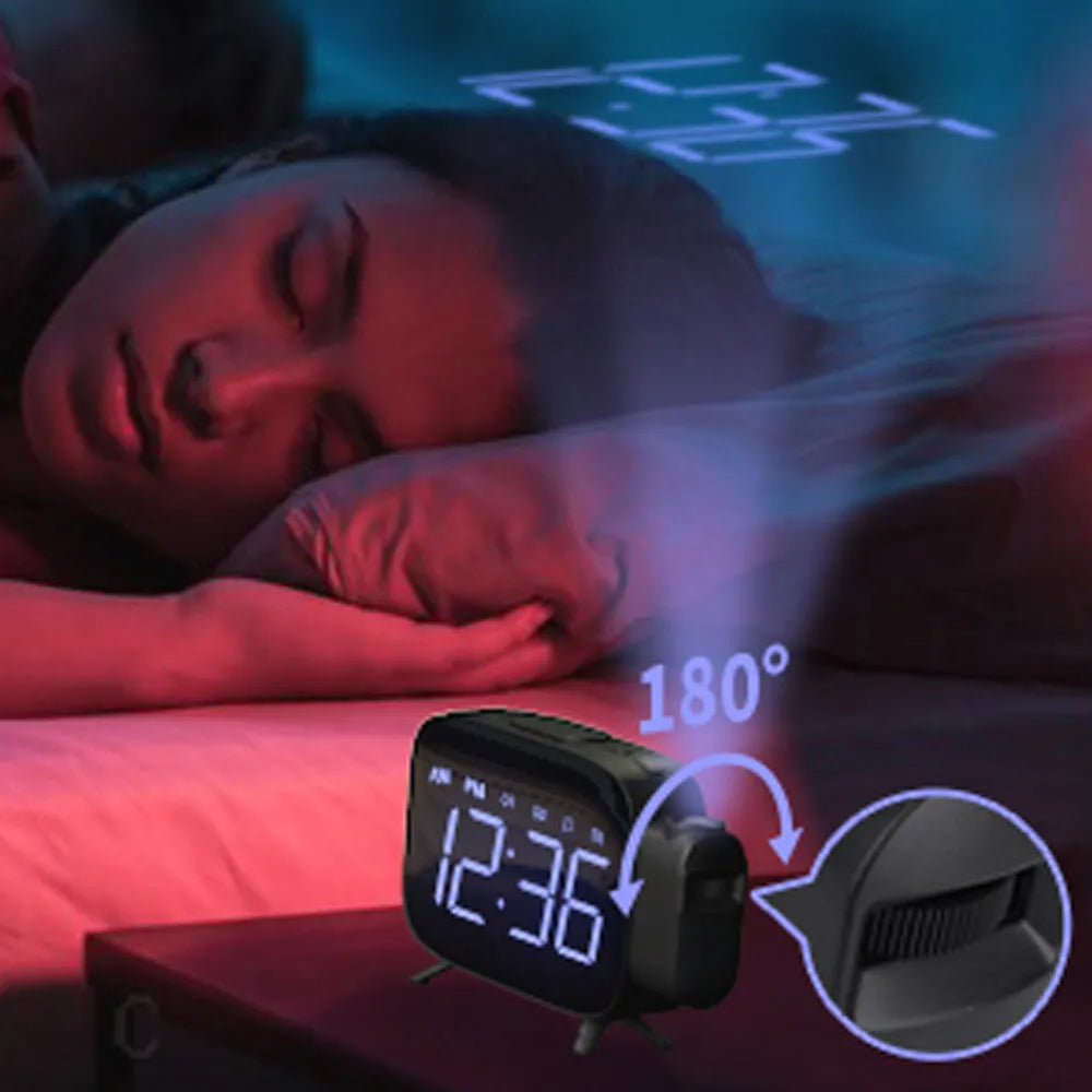 Multifunctional digital projection alarm clock with LED large screen, black, showing time and projection feature