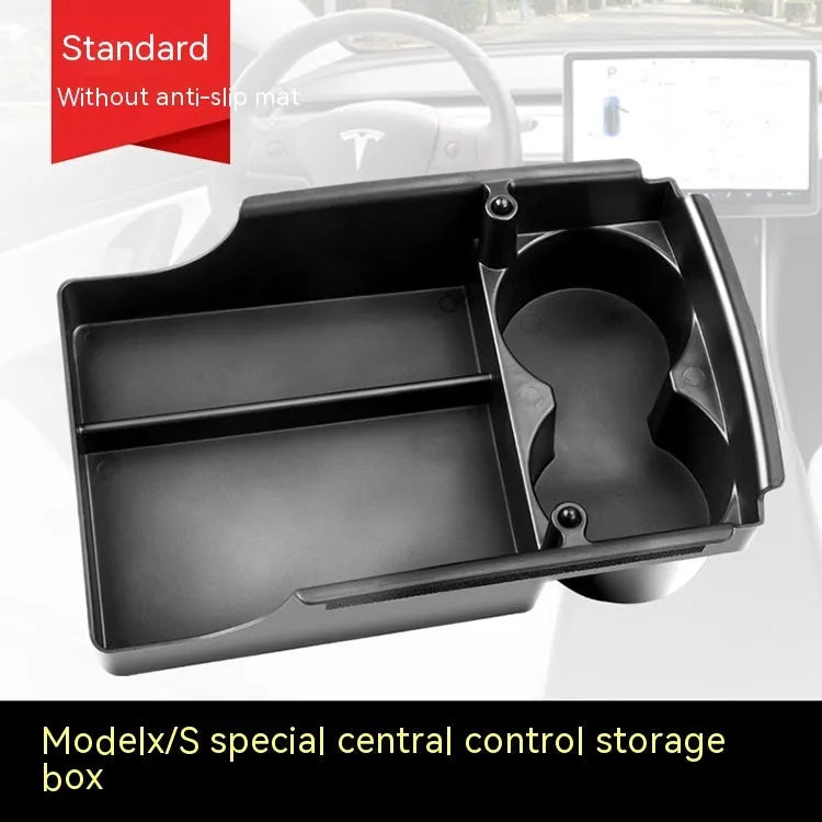 Plastic storage box designed for retrofitting into a Tesla Model 3, S, or X central control armrest.