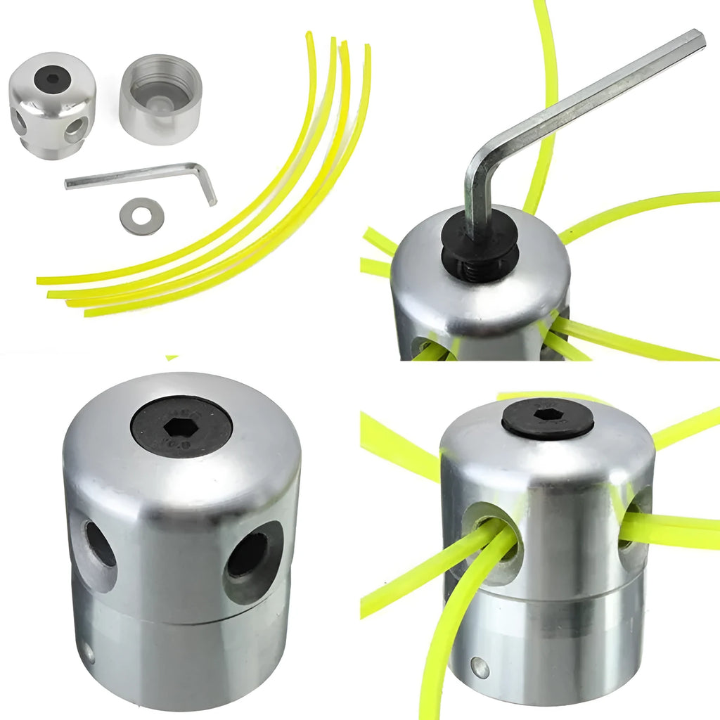 Luzhu silver aluminium grass trimmer replacement head with four light yellow square grass ropes and fitting tools