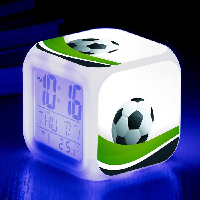 Square football pattern alarm clock with silent mode for children's bedrooms
