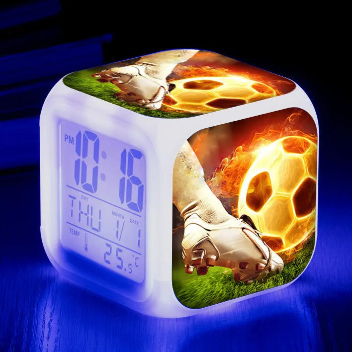 Square football pattern alarm clock with silent mode for children's bedrooms