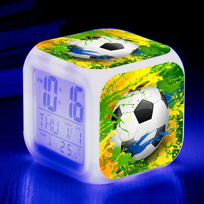 Square football pattern alarm clock with silent mode for children's bedrooms