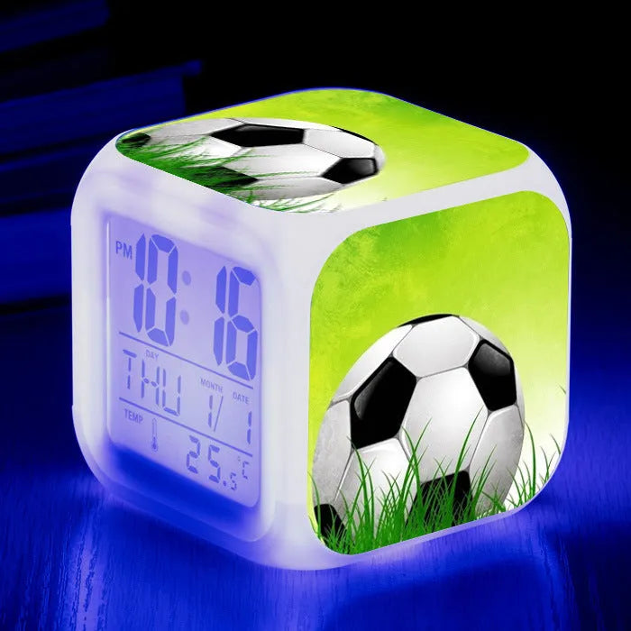 Square football pattern alarm clock with silent mode for children's bedrooms