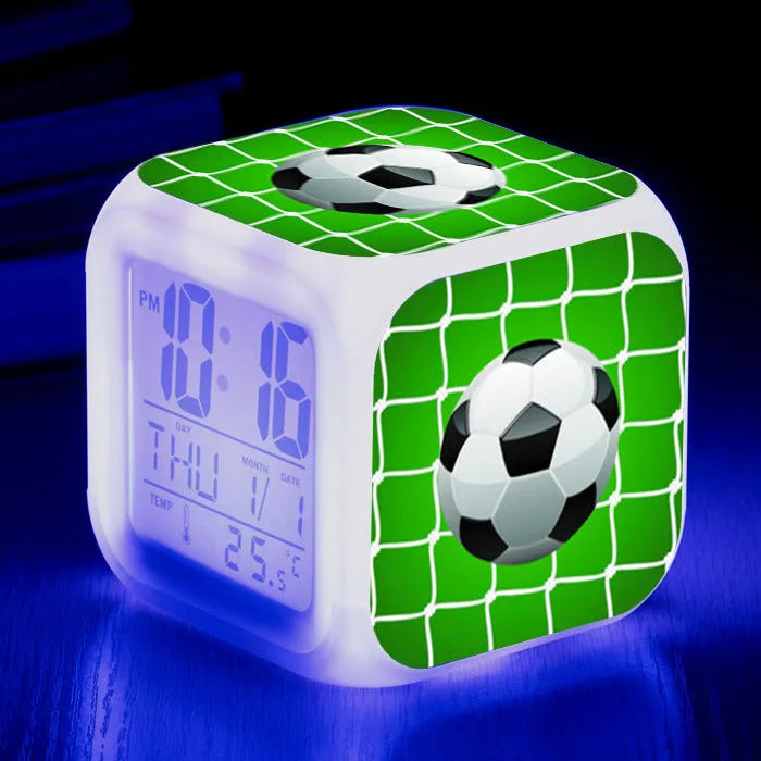 Square football pattern alarm clock with silent mode for children's bedrooms