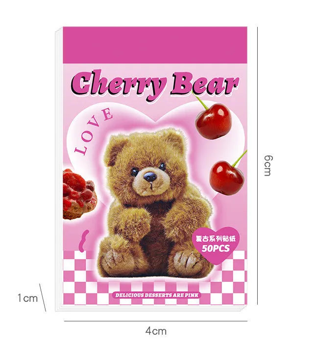 Cartoon sticker book with retro American style showing 4x6cm adhesive stickers in six colour variations