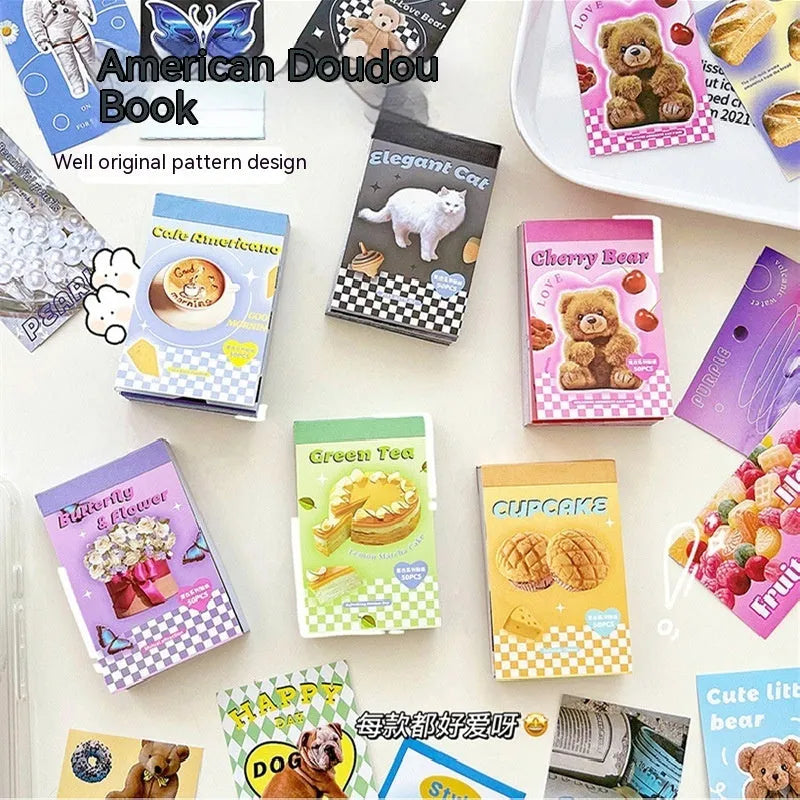Cartoon sticker book with retro American style showing 4x6cm adhesive stickers in six colour variations