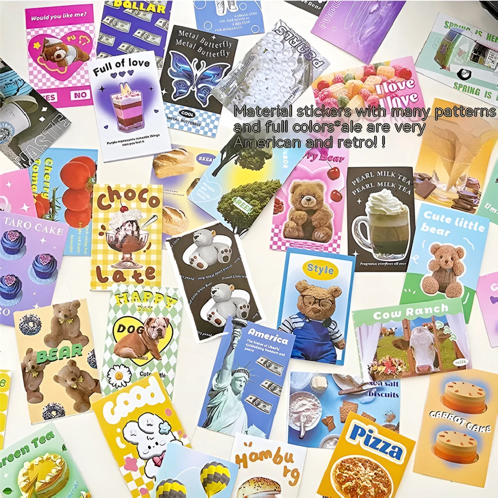 Cartoon sticker book with retro American style showing 4x6cm adhesive stickers in six colour variations