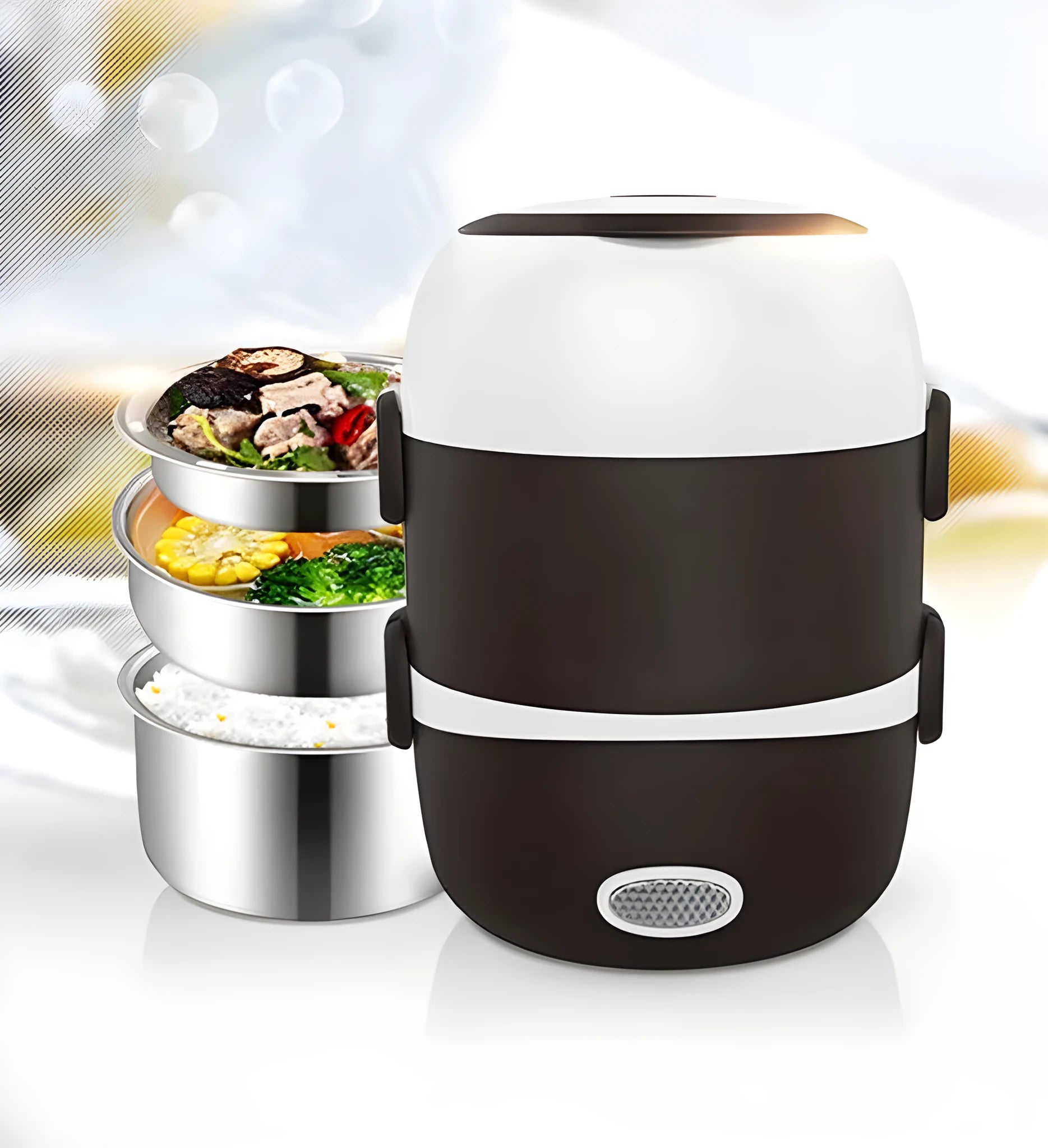 USB-powered electric lunch box showing two-layer and three-layer container options for food heating