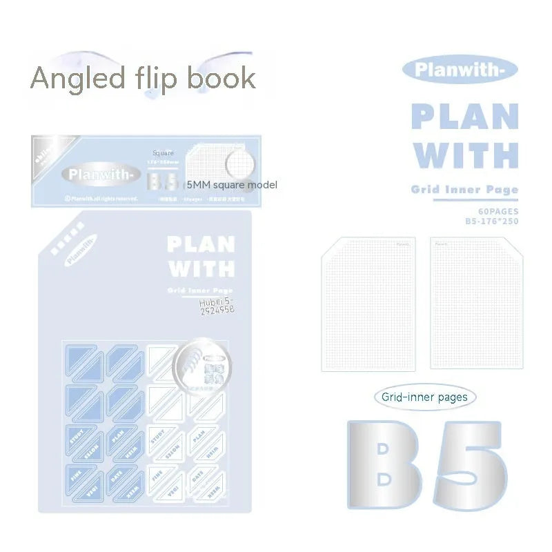 Oblique angle book series artsy Ins style salt notebook in A5 and B5 sizes with white or plaid blue cover.