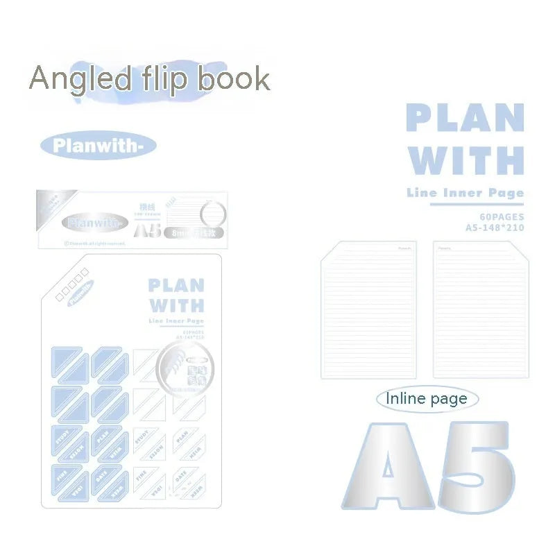 Oblique angle book series artsy Ins style salt notebook in A5 and B5 sizes with white or plaid blue cover.