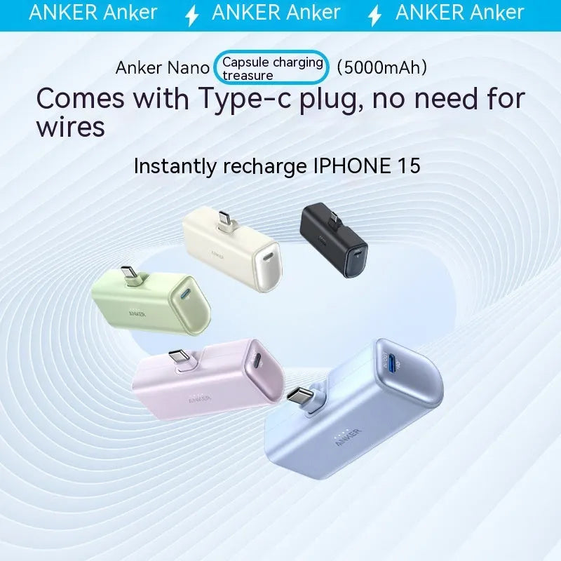 Compact capsule-shaped power bank in five colours with a foldable Type-C cable attached