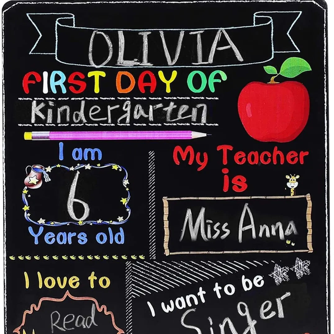Wooden first day of school blackboard ornament, modern style, 25.5cm by 30cm.