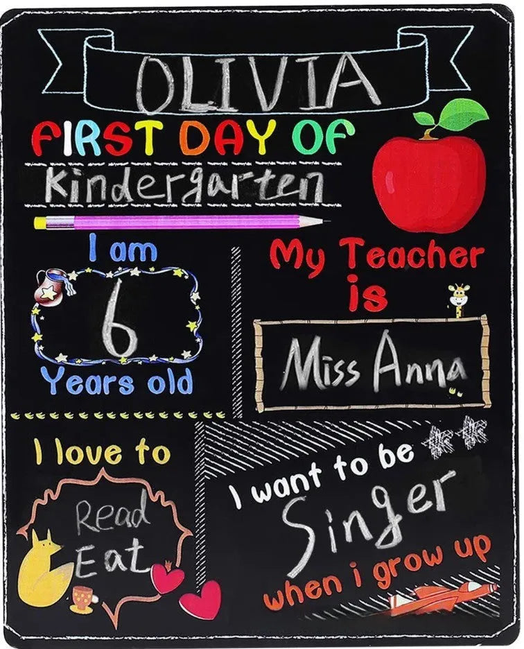 Wooden first day of school blackboard ornament, modern style, 25.5cm by 30cm.
