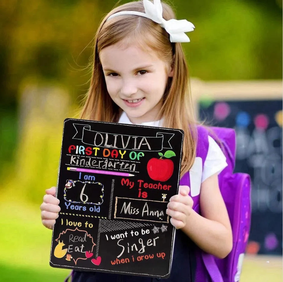 Wooden first day of school blackboard ornament, modern style, 25.5cm by 30cm.