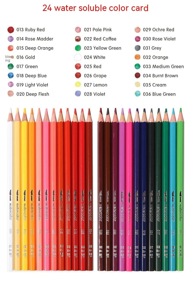 Professional 24-colour water-soluble pencil set in silver metal tin box with brush