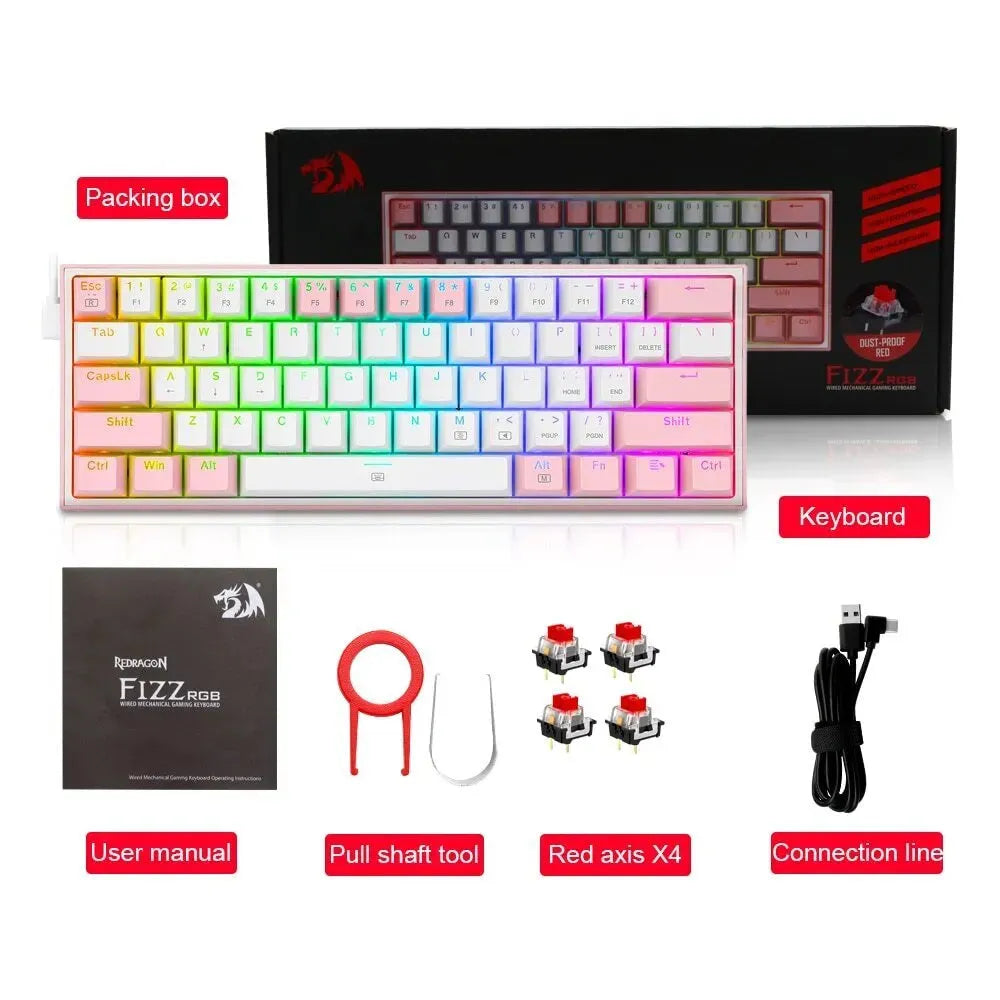 K617 white pink wired mechanical keyboard with RGB backlit keys and dual-colour keycaps.