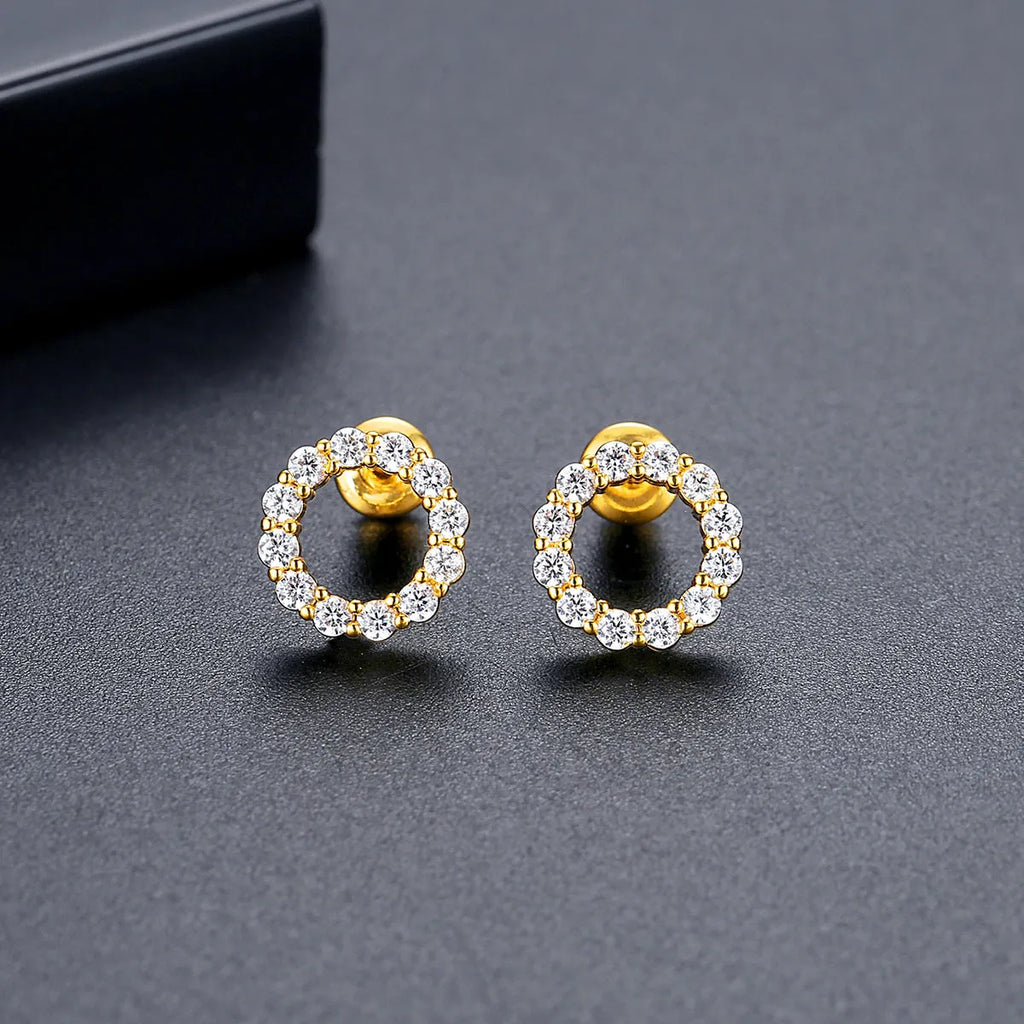 Copper micro zircon-encrusted stud earrings in geometric ring shape for women