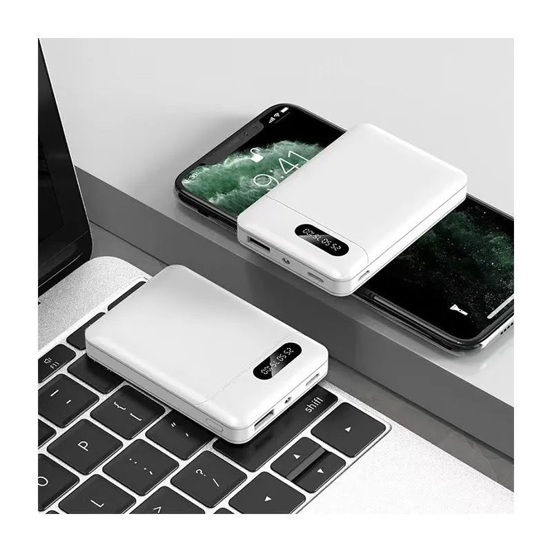Black or white portable power bank with dual USB ports showing 10000mAh capacity label