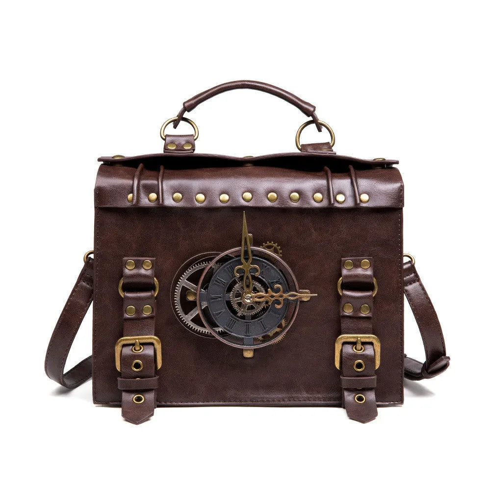 Bronze steampunk industrial retro shoulder bag with metal details and pillow bag shape
