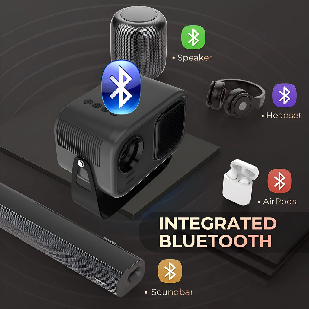 Black portable smart projector with remote control showing HD 1280x720 resolution and 150 lumens specifications
