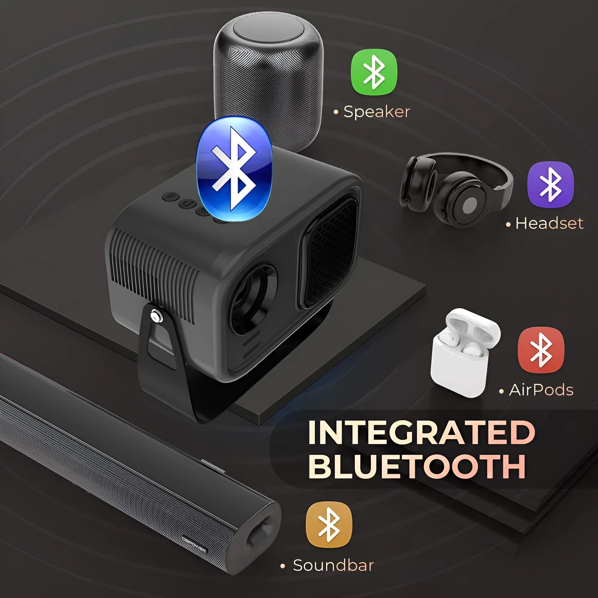 Black portable smart projector with remote control showing HD 1280x720 resolution and 150 lumens specifications