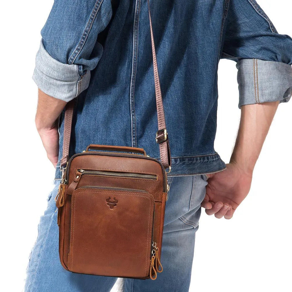 Men's brown Crazy Horse leather crossbody bag with single shoulder strap and sewing line details