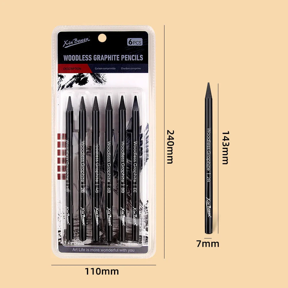 Set of six graphite sketching pencils for art, showing wood-free full lead construction.